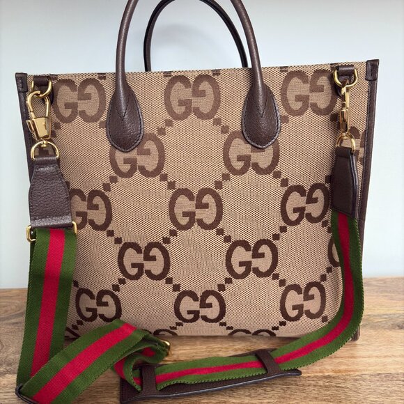 Gucci Jumbo GG Canvas Convertable Tote with Web Stripe Shoulder Strap - Picture 1 of 9